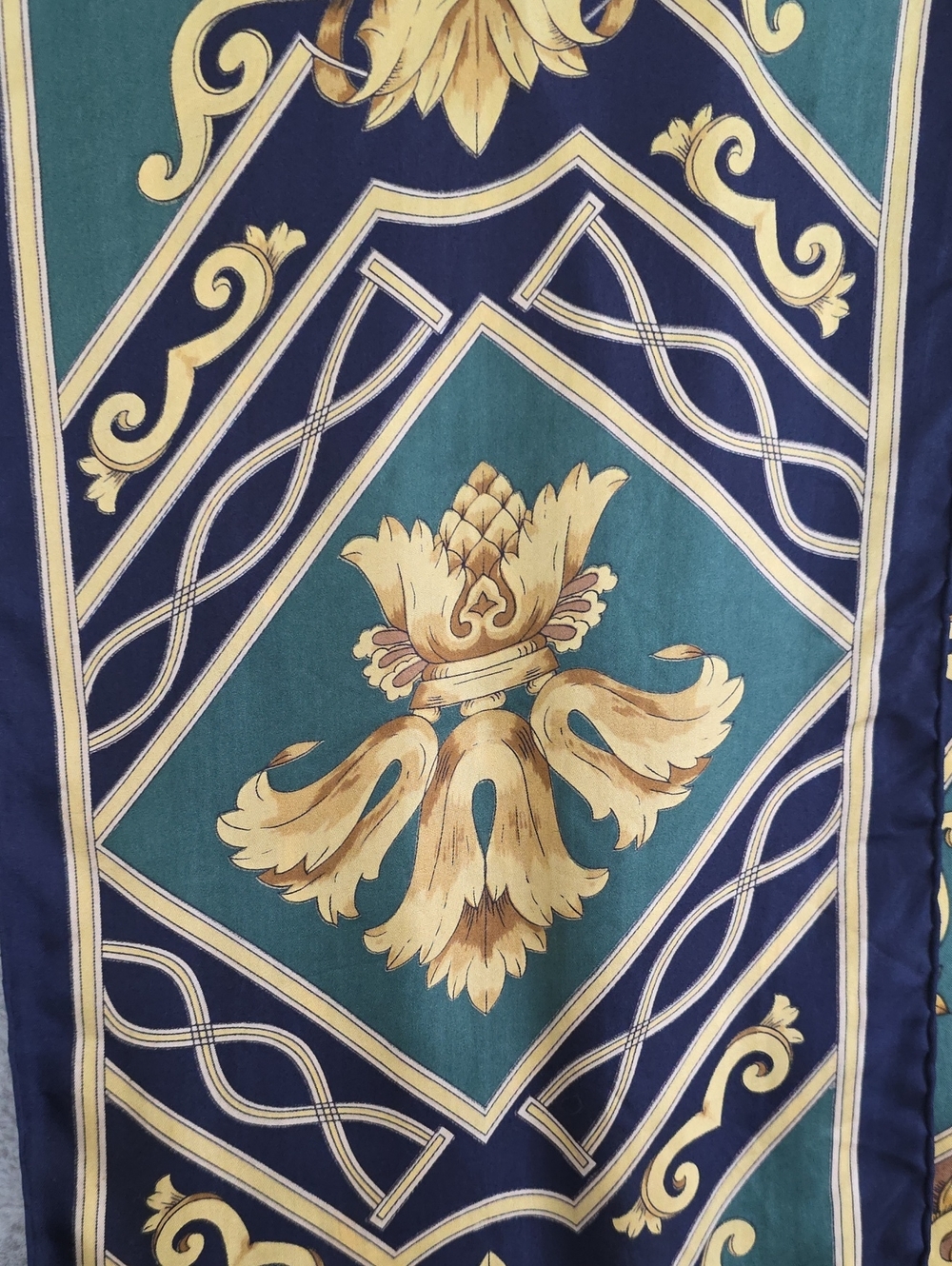 Basha Baroque Print Oblong Scarf Navy Green Gold Silk - Picture 2 of 5